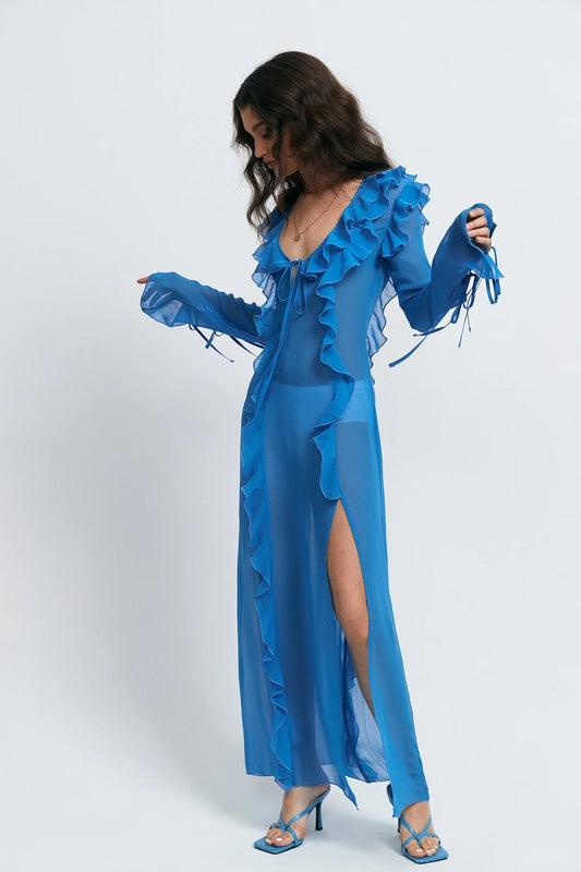 The New Women's Sexy Perspective Anti -car Edge -based Rope V -neck Open Fork Dress aclosy