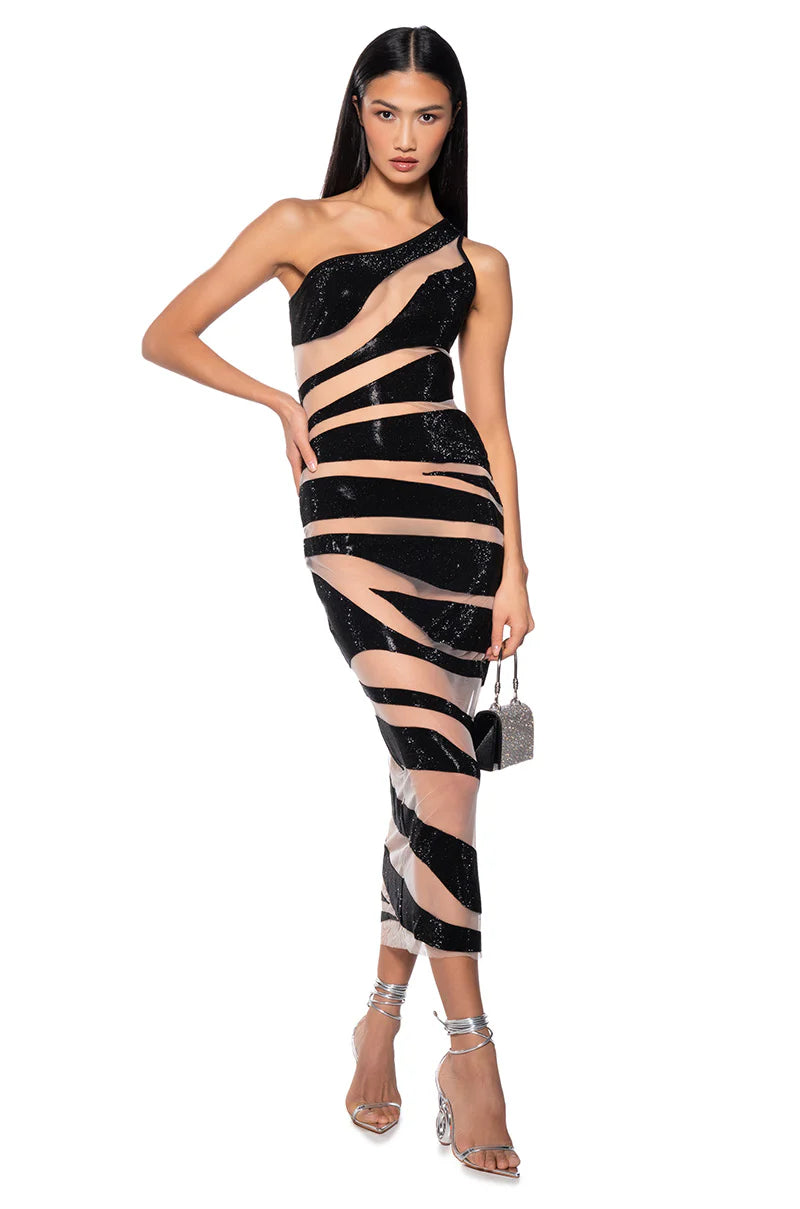 mesh striped dress Elerla One Shoulder Mesh Striped Party Dress – Aclosy