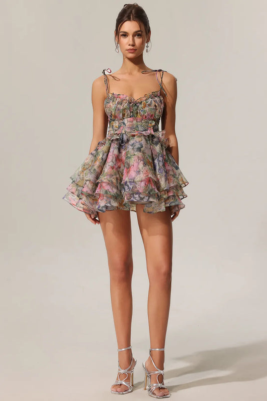 Kelly Sleeveless V-neck Lacing Flounce Mini Dress