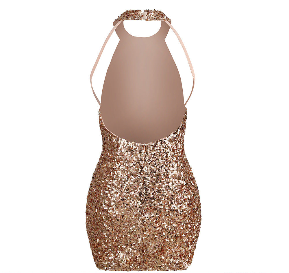 Backless Halter Sequins Mini Skirt Tight Ladies Party Dress Aclosy