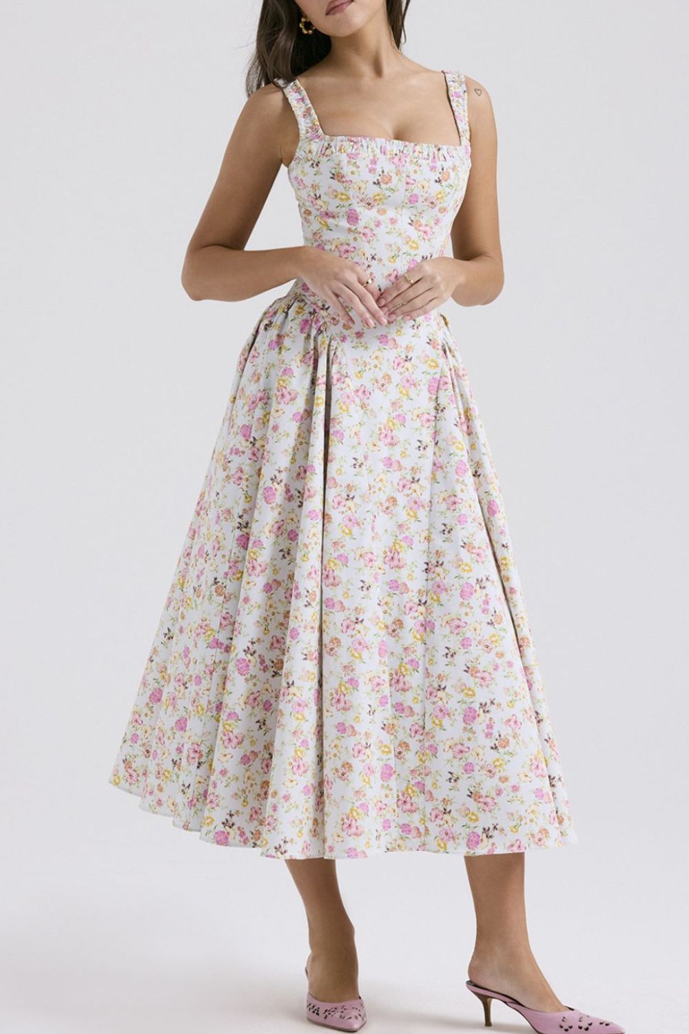 Floral Square Neck Wide Strap Midi Dress – Aclosy