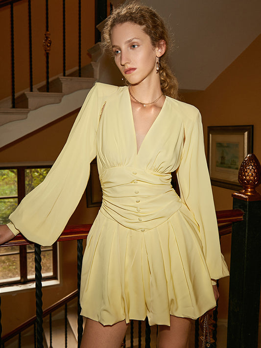 Neck Ruffled Retro French New Pleated Waist Skirt Aclosy