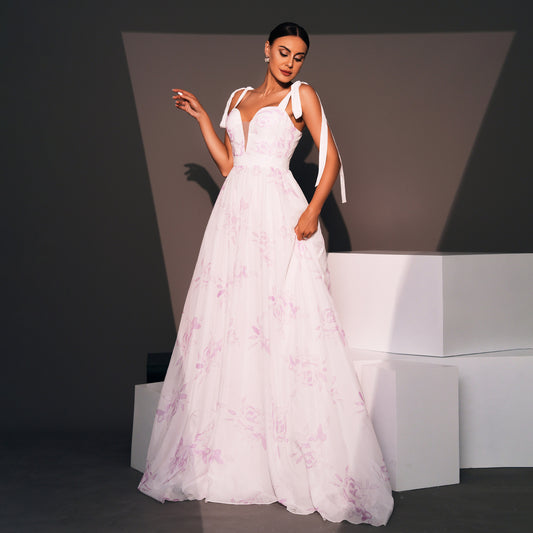 Sleeveless Off-the-shoulder Strap Banquet Printed Large Swing Evening Dress aclosy