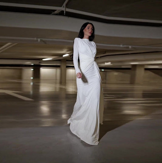 Fashion Round Neck Pleated Waist Slim Solid Color Temperament Dress aclosy