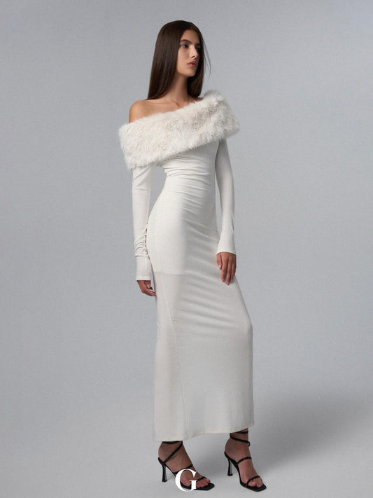 New Off-shoulder Shoulder-baring Tight Waist Sheath Long Sleeve Knitted Dress Aclosy