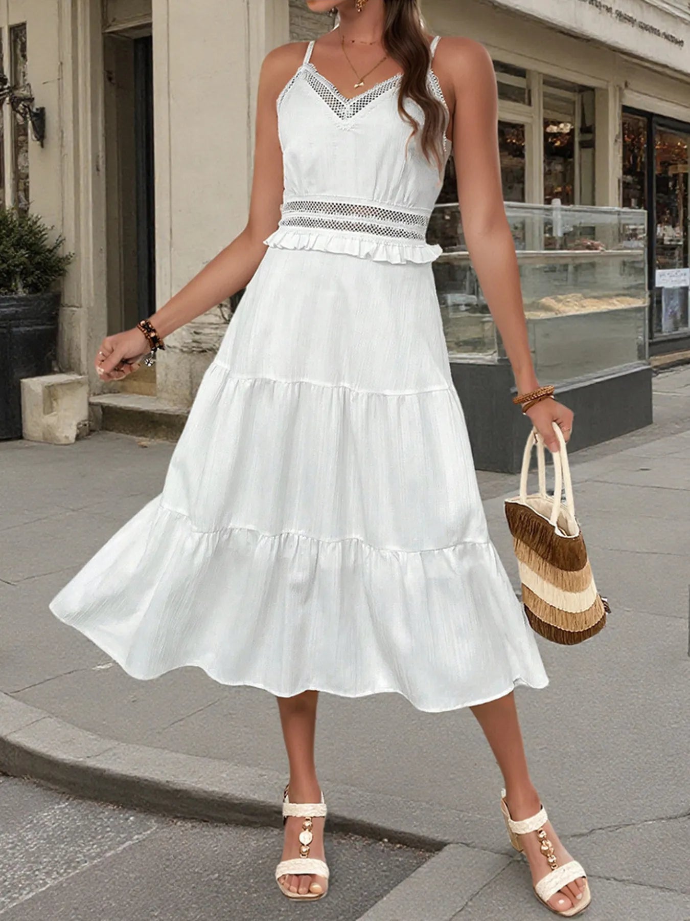 Tiered Midi Dress with Lace Trim Details – Aclosy