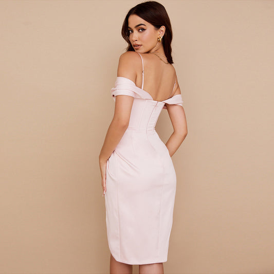 Women's Pleated One-shoulder Split Sling Dress Aclosy