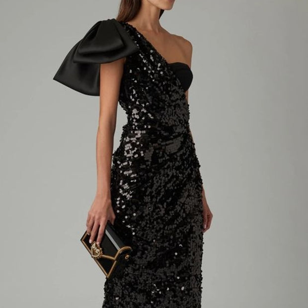 Women's One-shoulder Bow Sequined Sheath Dress Aclosy