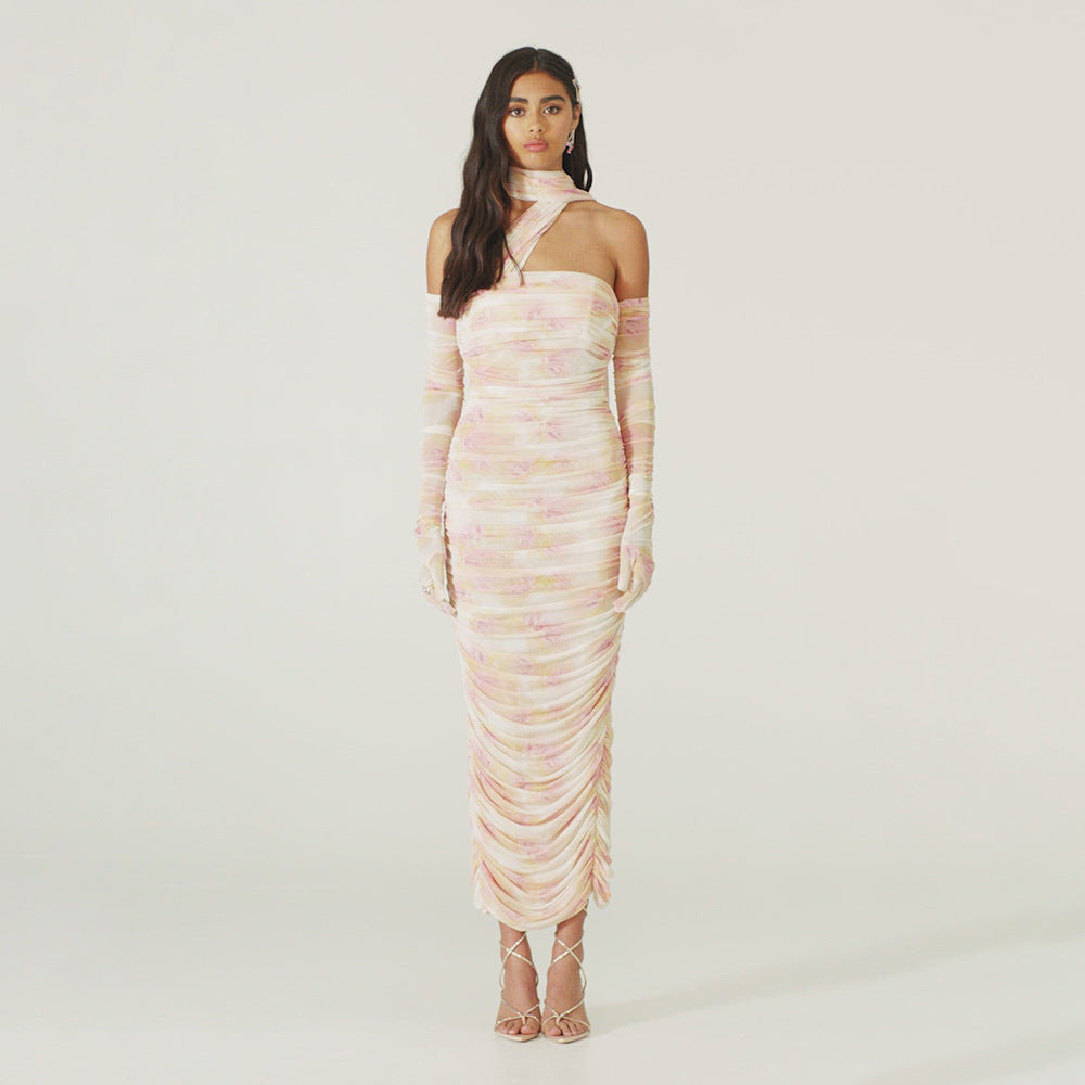 Stylish Gauze Streamer Print Dress Aclosy