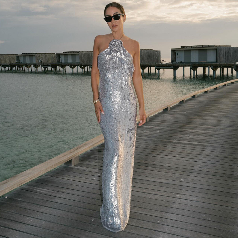 silver sequin backless maxi dress Celeb High End Sequin Backless Maxi Dress Aclosy