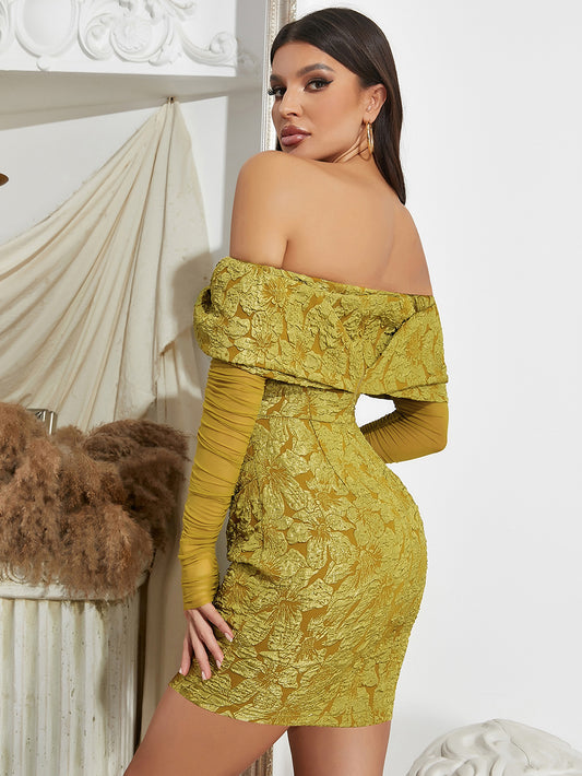 Women's Autumn And Winter New Word Collar Elegant Mesh Long Sleeve Short Dress Aclosy