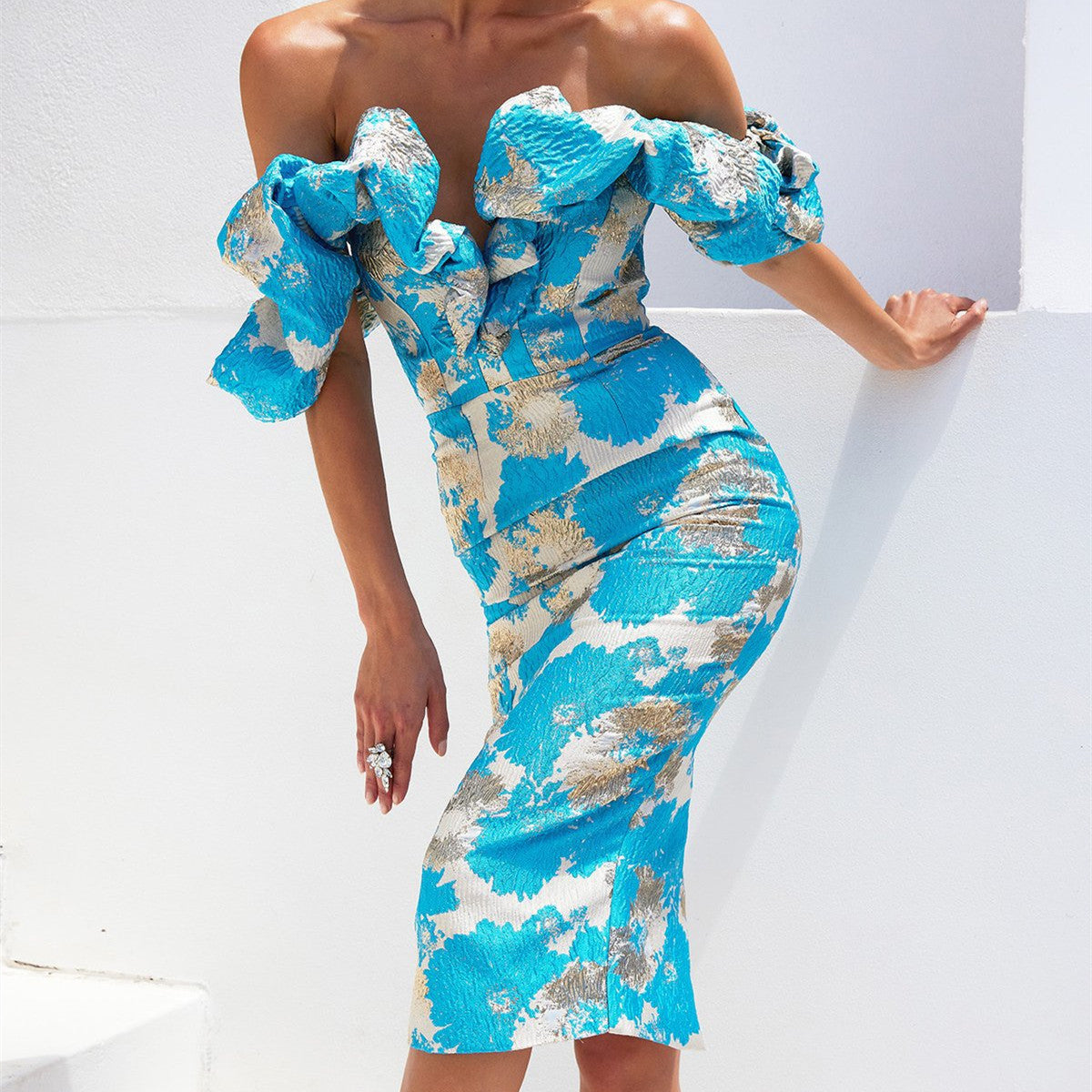Women's Fashion Temperament Jacquard V-neck Dress Aclosy