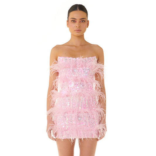 Summer Women's Tube Top Color Sequined Feather Stitching Short Dress Party Dress aclosy