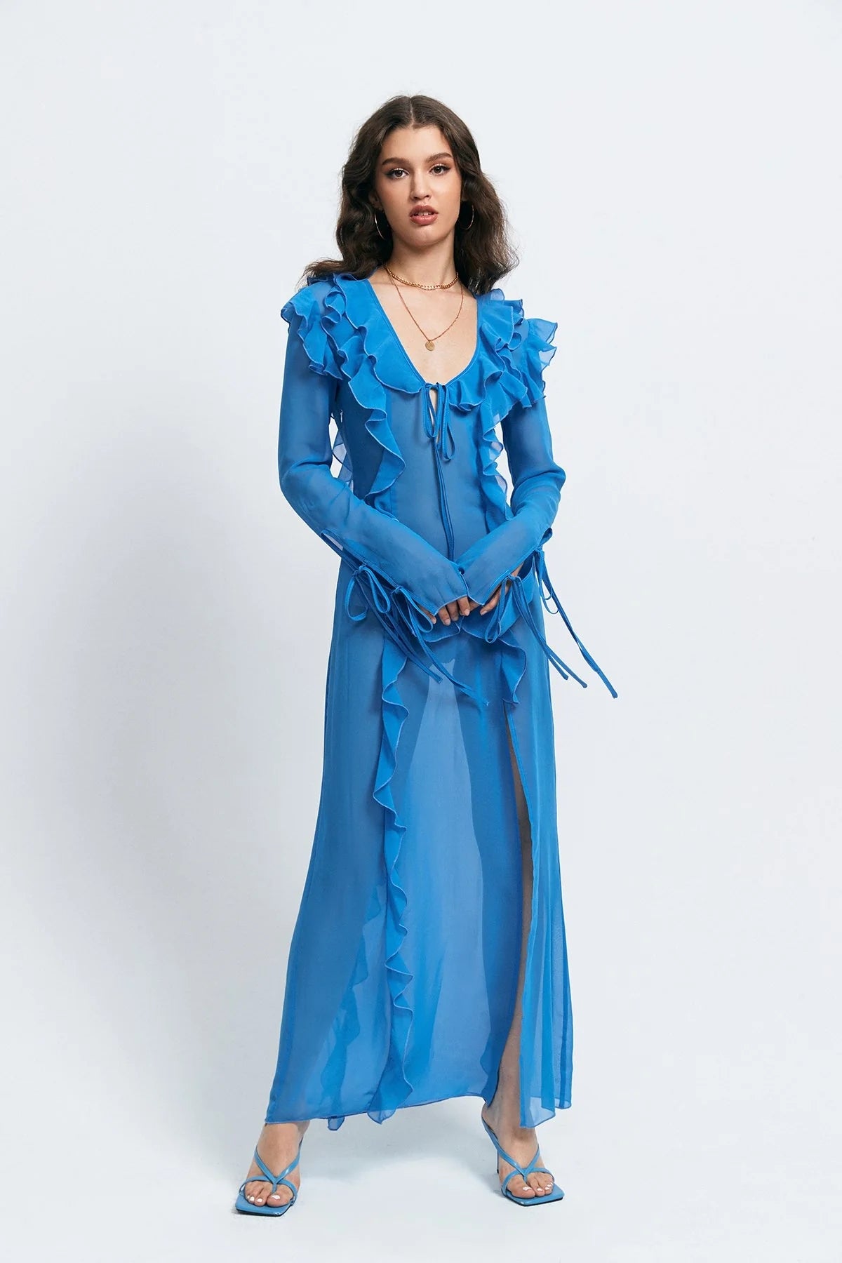 The New Women's Sexy Perspective Anti -car Edge -based Rope V -neck Open Fork Dress aclosy