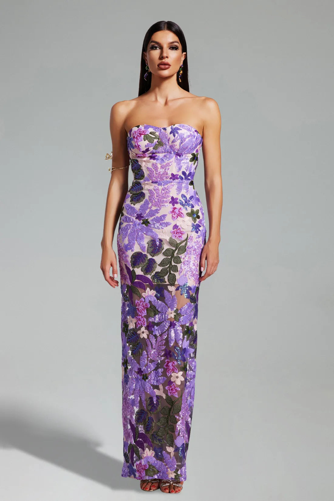 Aleka strapless mesh sequin maxi backless dress – Aclosy