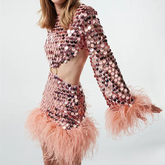 Women's Graceful And Fashionable Sequined Long Sleeve Hollow Dress Aclosy