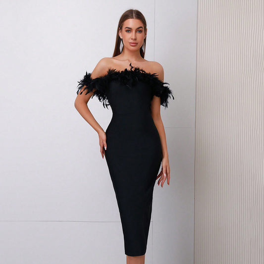 Off-neck Feather Women's Dress Aclosy