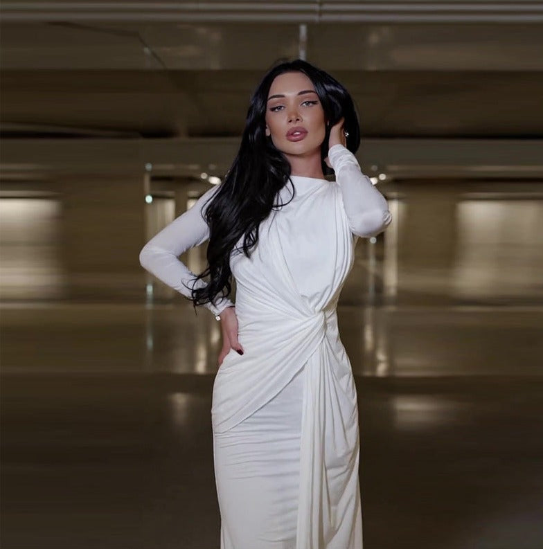 Fashion Round Neck Pleated Waist Slim Solid Color Temperament Dress aclosy