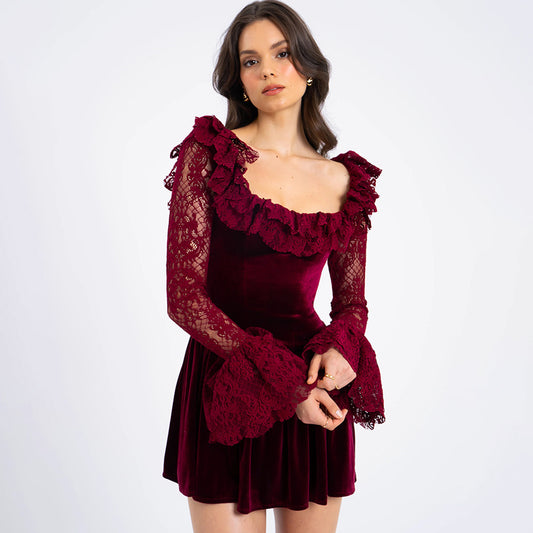 Hollow Long Sleeve Tied Short Skirt Square Collar Aclosy