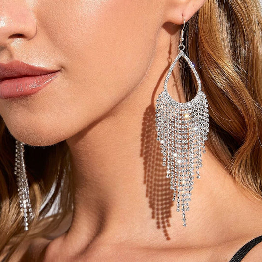 Bohemian Tassel Shiny Long Rhinestone-encrusted Earrings Aclosy