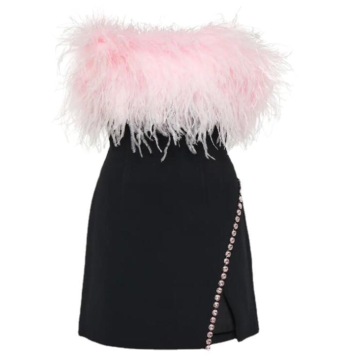 Elegant New Tube Top High-end Drill Chain Feather Stitching Dress aclosy