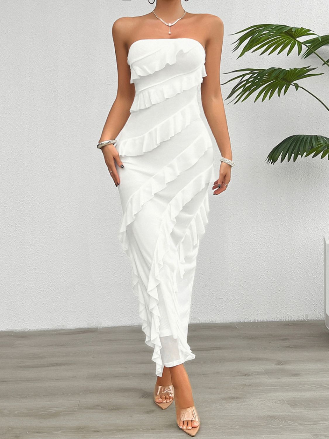 Devine Ruffled Slit Back Tube Maxi Dress – Aclosy
