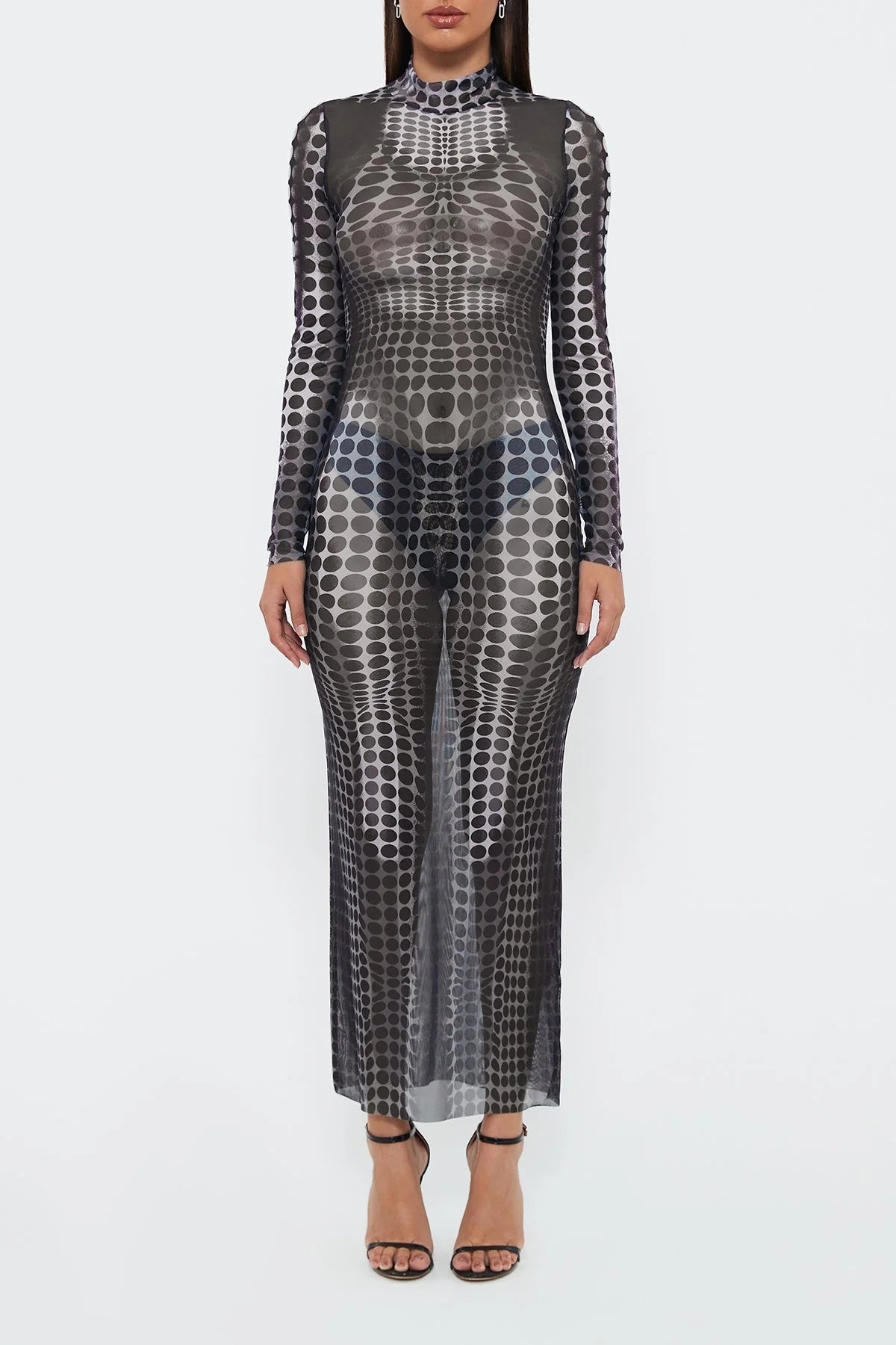 2023 Women's New Sexy See -through Mesh Printed High -waist Slim Long Dress aclosy