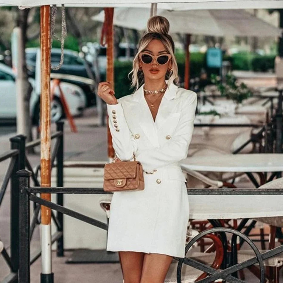 Long Sleeve Deep V-neck Elegant Suit Double Breasted Thickened Shoulder Blazer aclosy