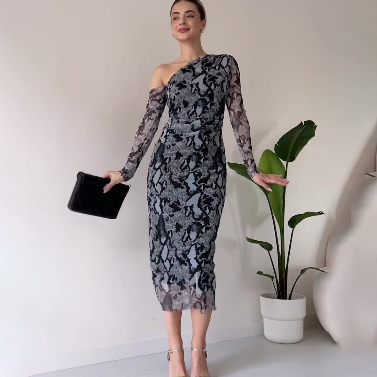long sleeve snakeskin dress Snake Print Long Sleeve Drawstring Ruched Dress