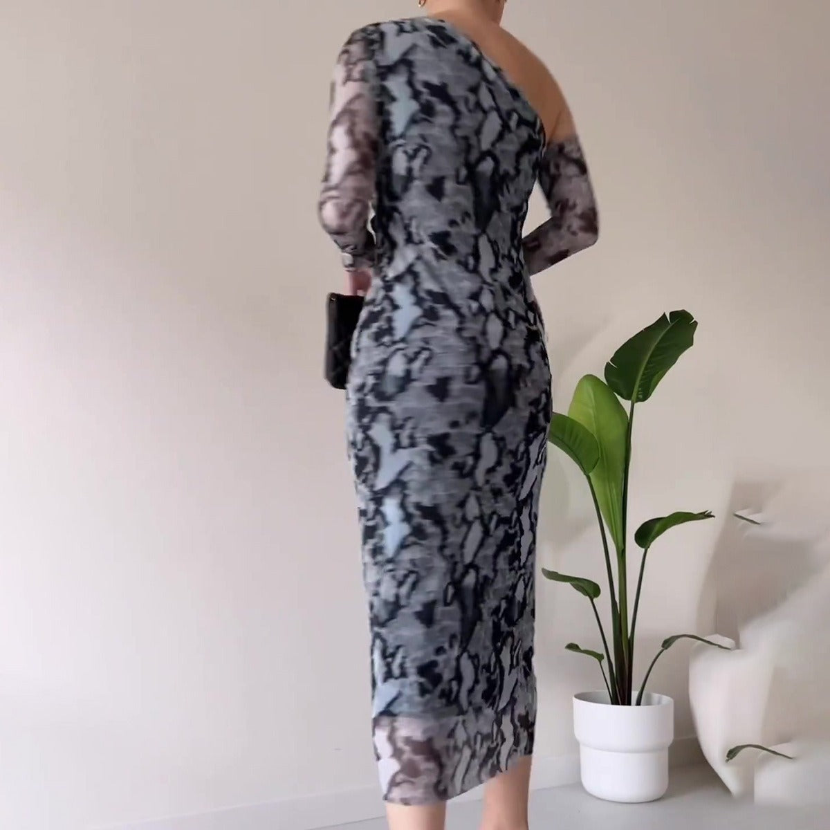 Women's Snake Print Long Sleeve Narrow Slim Fit Dress Aclosy