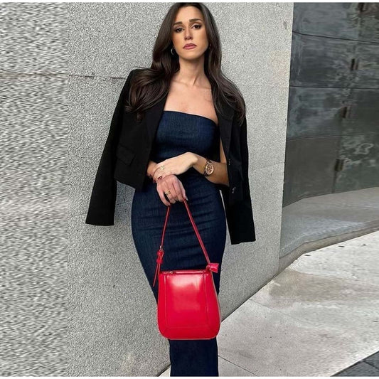 Back Zip Denim Wrap Dress aclosy