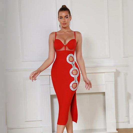 Hollow Jeweled Side Slit Sling Bandage Knitted Dress aclosy