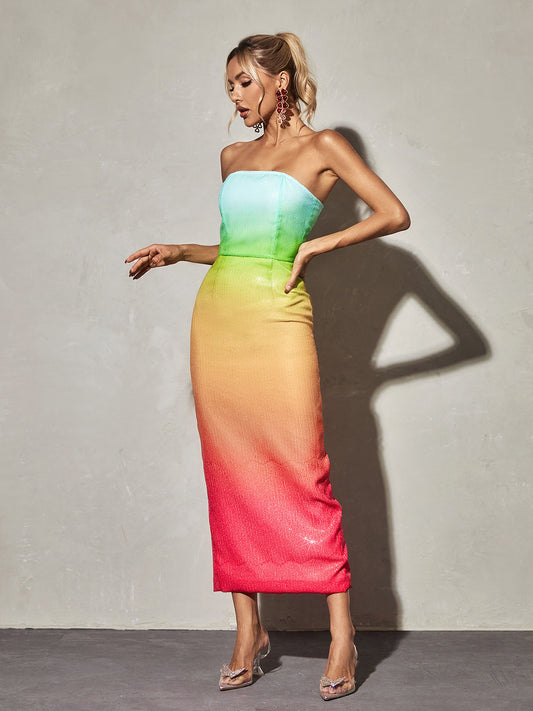 European And American Women's Clothing Fashion Sexy Figure Tube Top High Waist Gradient Color Dress Women aclosy