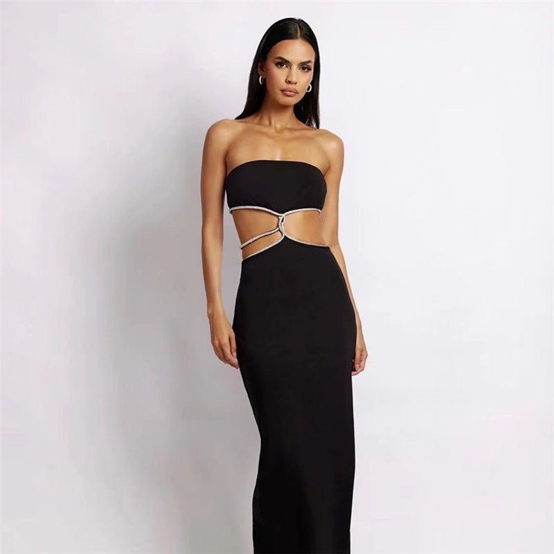 black slim fit dress slit DOLLY Elegant Black Rhinestone Sleeveless Slim Fit Long Slit Dinner Dress-ALORA (V)