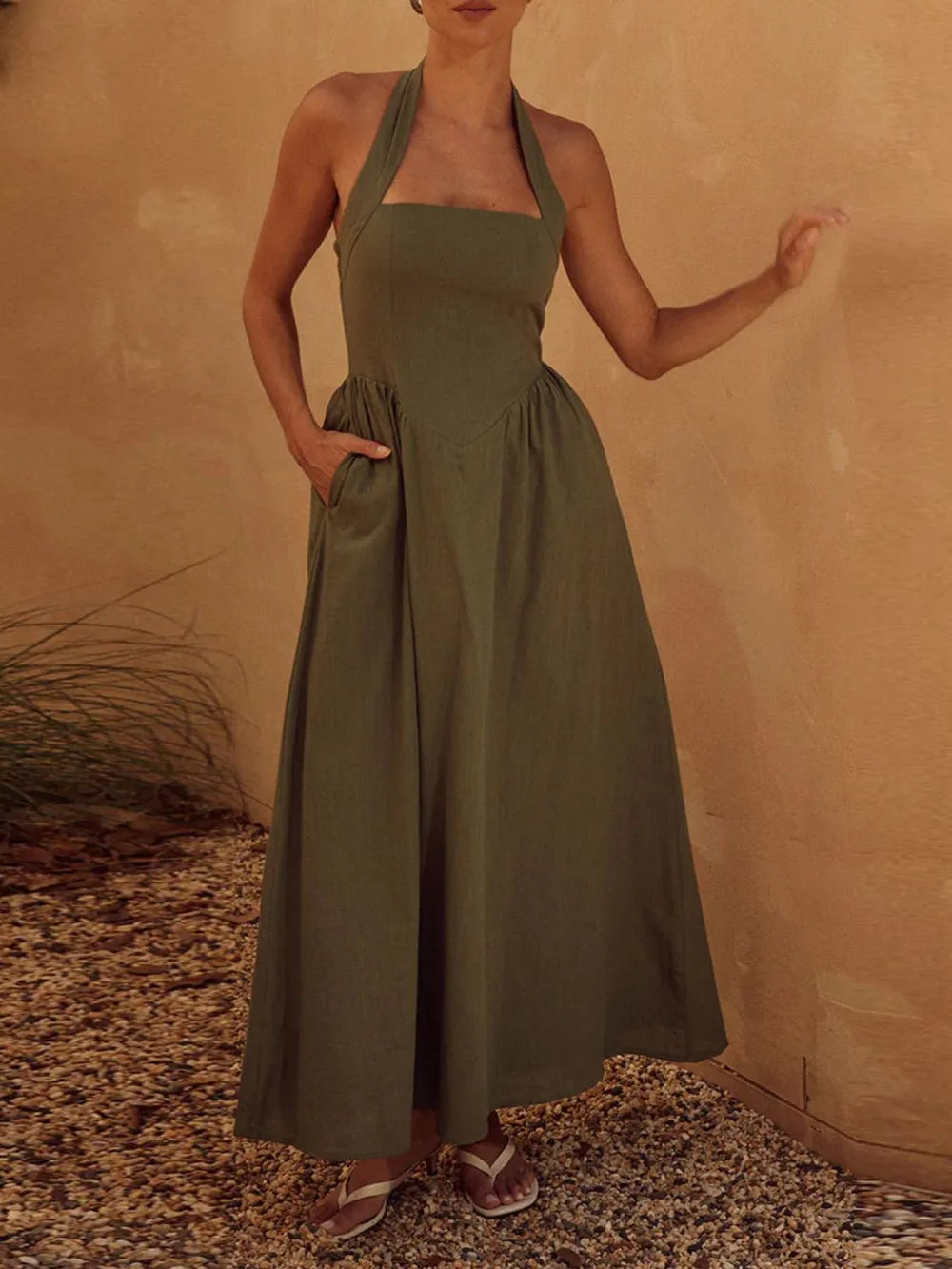 Alera Halter Neck Maxi Dress with Pockets  Aclosy