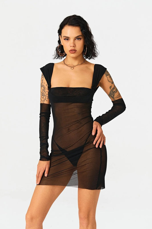 2022 New Solid Color Hood Wrapped Chest Long -sleeved Mesh High Waist Bag Hip Mid Skirt aclosy