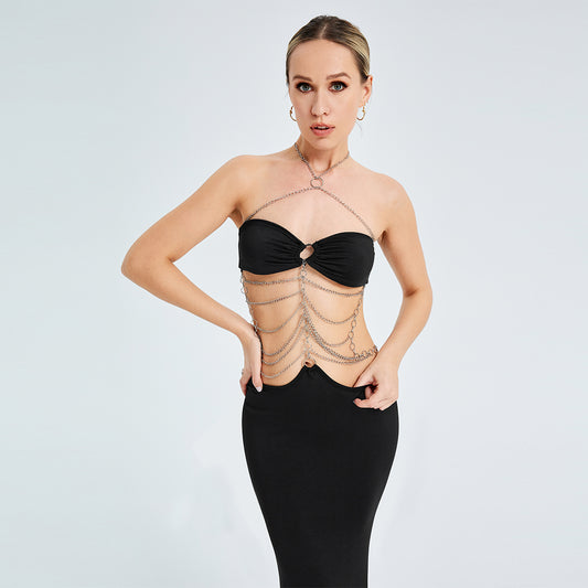 Metal Chain Halterneck Wrap Bust Cutout Party Dress aclosy