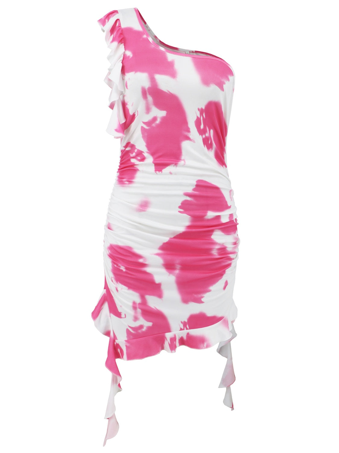 Ruffled Tie-Dye Single Shoulder Mini Dress Trendsi