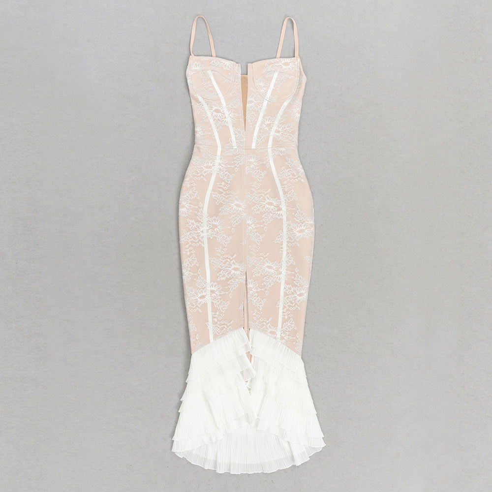 European And American Women's Clothing Bandage One-piece Dress Fashion Suspenders Lace Sexy Evening Dress aclosy