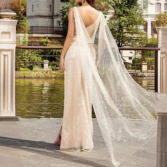 Apricot Mesh Sleeveless Strap Cloak Sequined Long Dress Aclosy