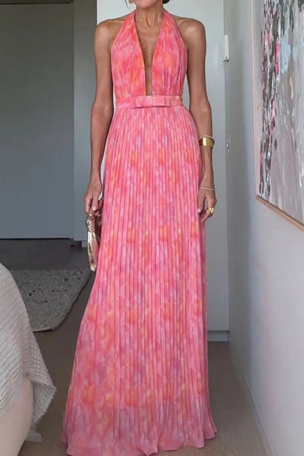 pink pleated halter neck dress Florence Pink Halter Pleated Maxi Dress L / Pink