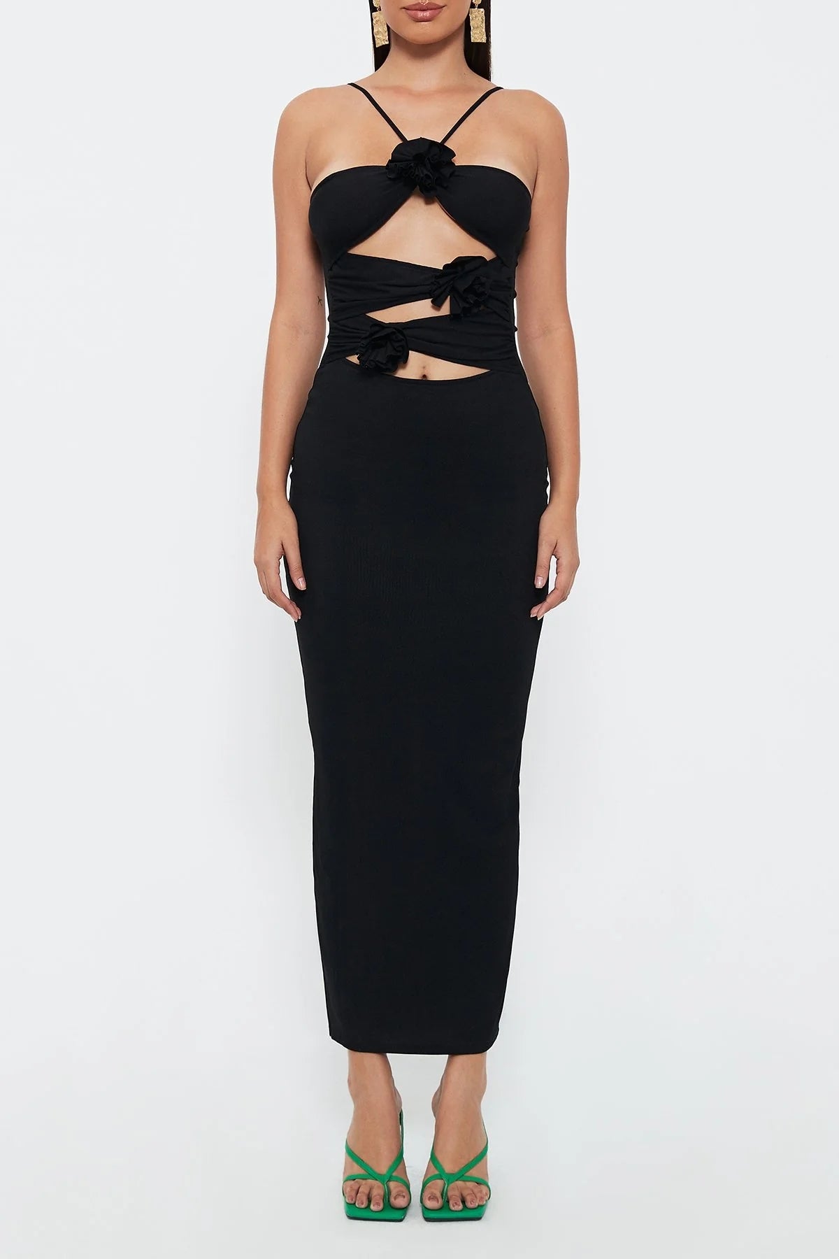 Flower Hollow Slim -fitting Neck Mid -length Suspender Dress aclosy