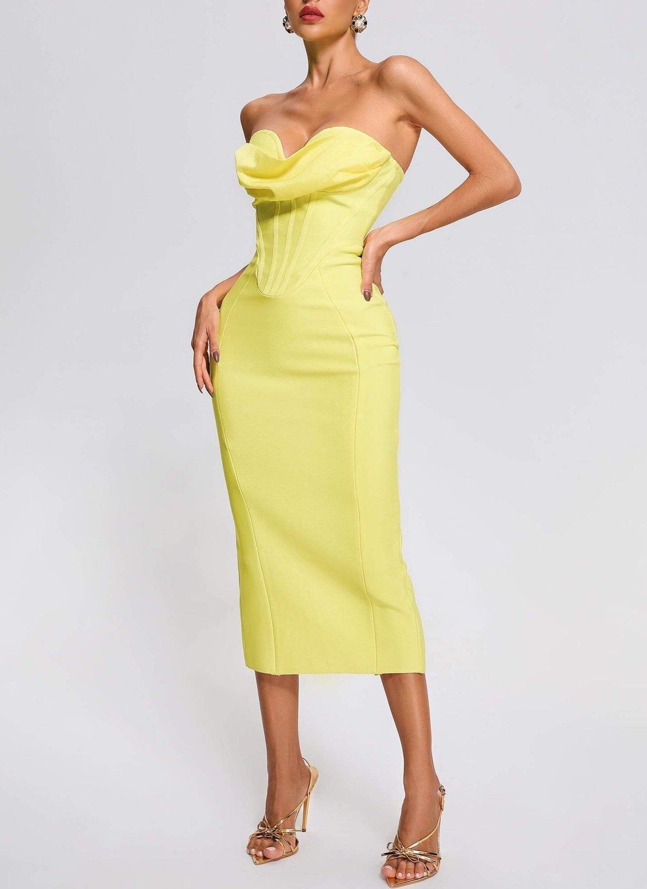 Seam Strapless Midi Bandage Dress-Yellow Trendsi