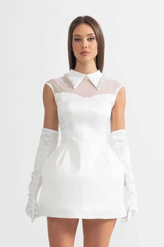 YARNA SATIN MINI DRESS-WHITE