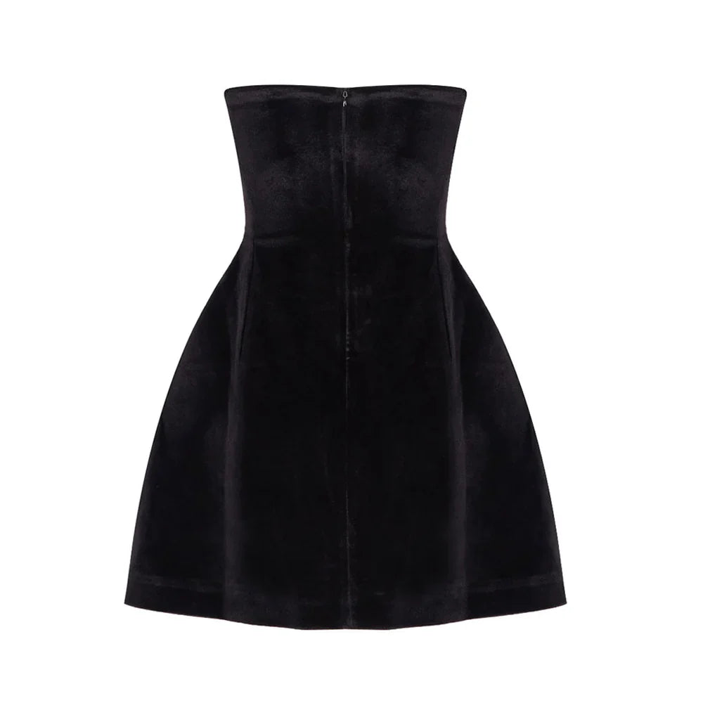 Elika Red crystal Velvet Elegant Strapless Dress