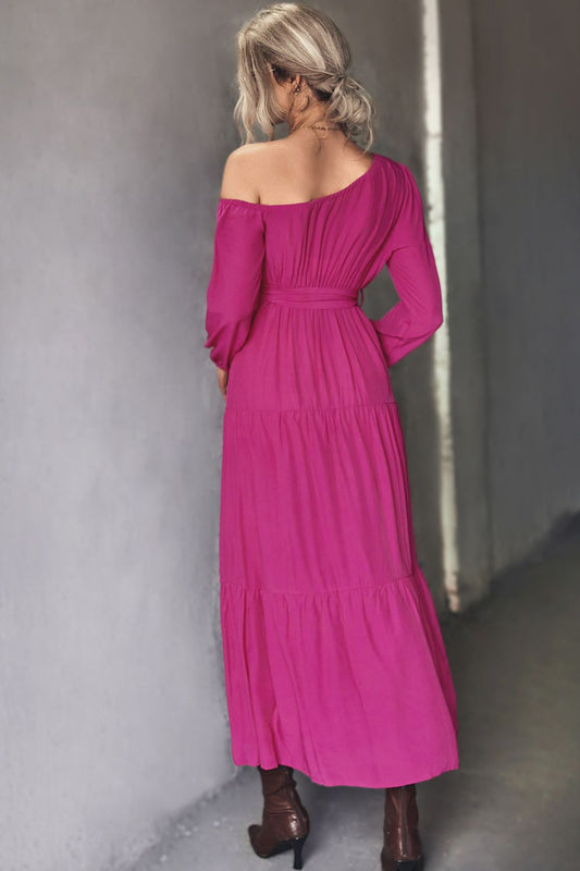 Belted One-Shoulder Tiered Maxi Dress Trendsi