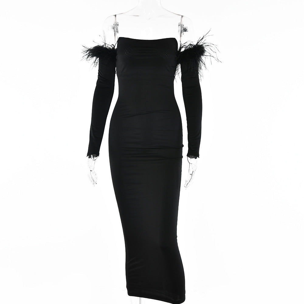 Backless Long Sleeve Feather Dress aclosy