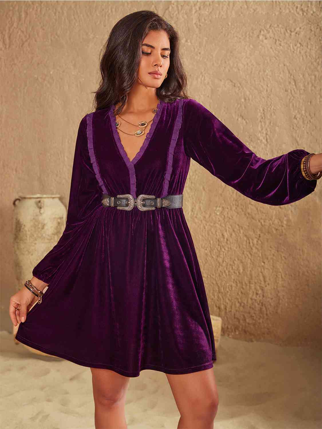 Ruffled V-Neck Long Sleeve Dress Trendsi