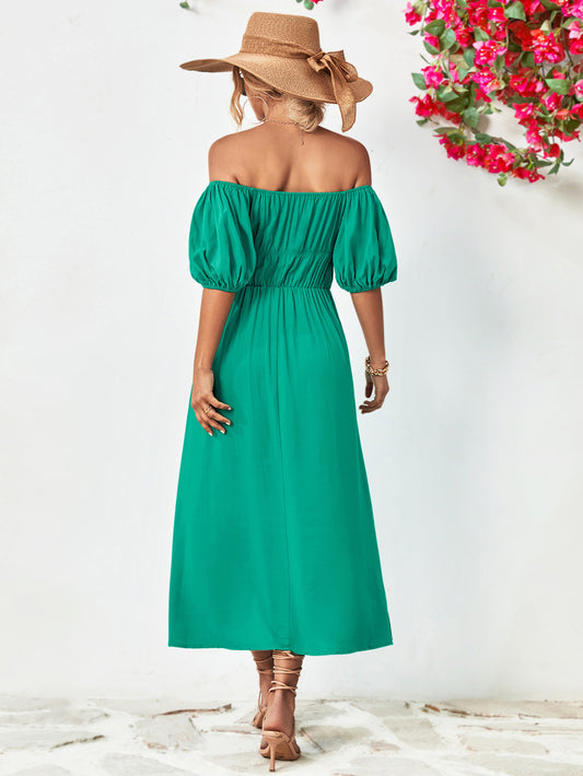 Off-Shoulder Balloon Sleeve Midi Dress Trendsi
