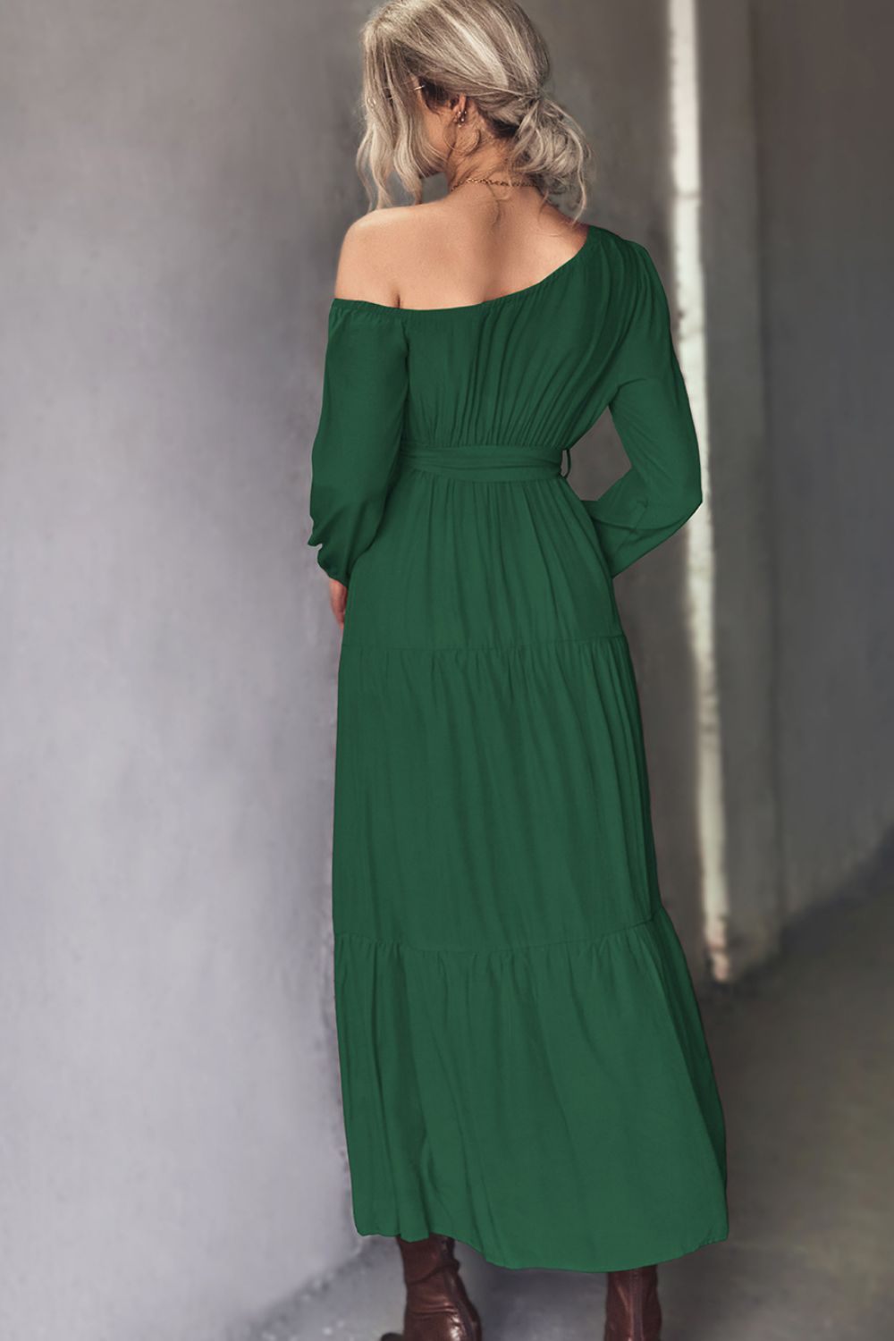Belted One-Shoulder Tiered Maxi Dress Trendsi